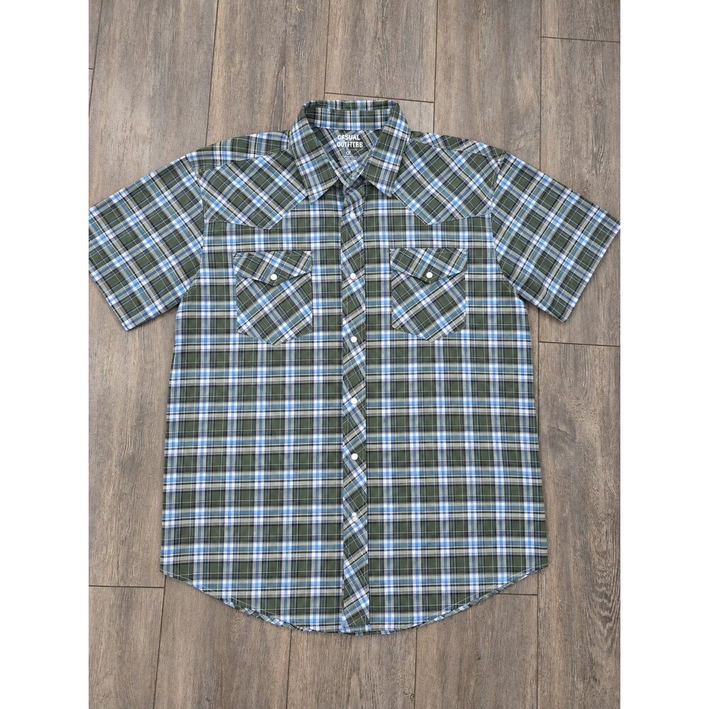Y2K Casual Country Outfitters Men's 2XL Green Plaid Pearl Snap Western Shirt
